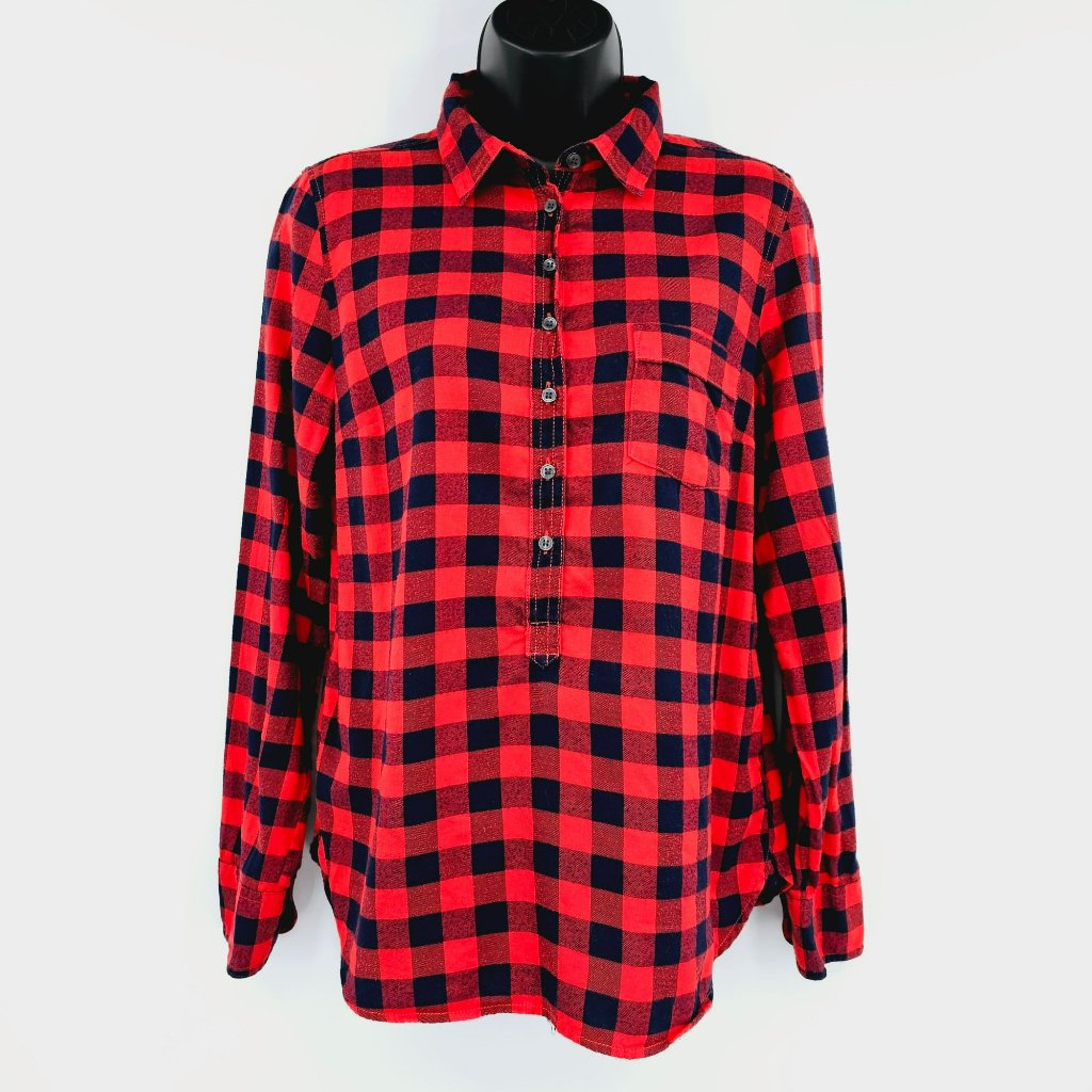 J Crew Factory Popover Shirt S Red Black Buffalo Plaid Check Button Long Sleeve
